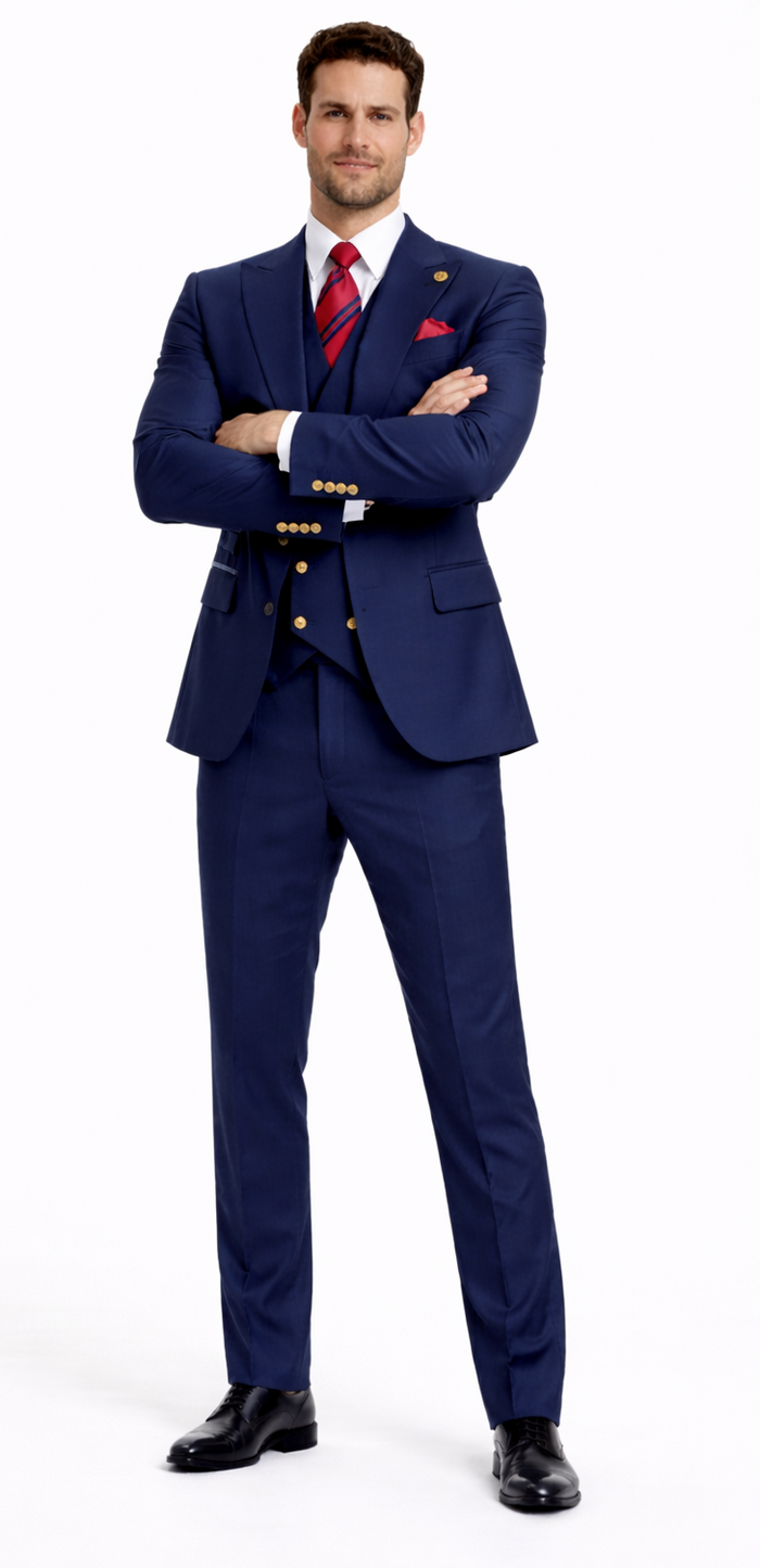 Rossiman Men’s Navy Blue Suit – Classic 1-Button Peak Lapel Jacket with Double-Breasted Vest