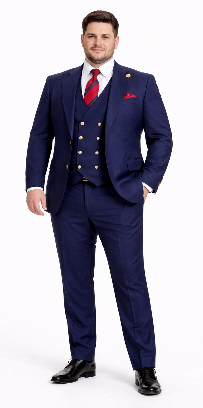 Rossiman Men’s Navy Blue Suit – Classic 1-Button Peak Lapel Jacket with Double-Breasted Vest