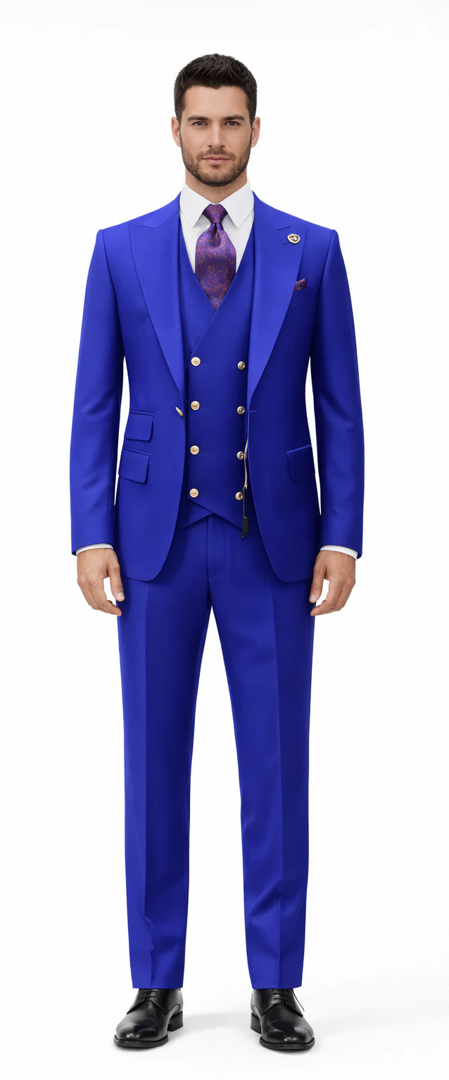 Rossiman Royal Blue Suit for Men | Classic 1-Button Peak Lapel Jacket & Double-Breasted Vest – Italian Tailored 3-Piece Luxury Suit