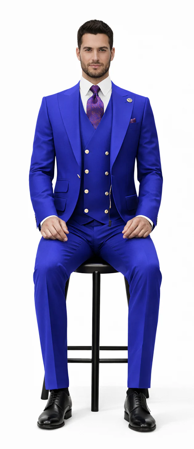 Rossiman Royal Blue Suit for Men | Classic 1-Button Peak Lapel Jacket & Double-Breasted Vest – Italian Tailored 3-Piece Luxury Suit