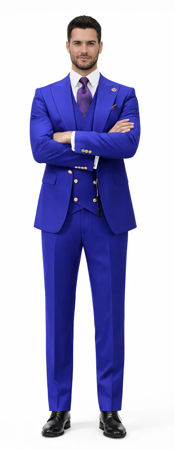 Rossiman Royal Blue Suit for Men | Classic 1-Button Peak Lapel Jacket & Double-Breasted Vest – Italian Tailored 3-Piece Luxury Suit