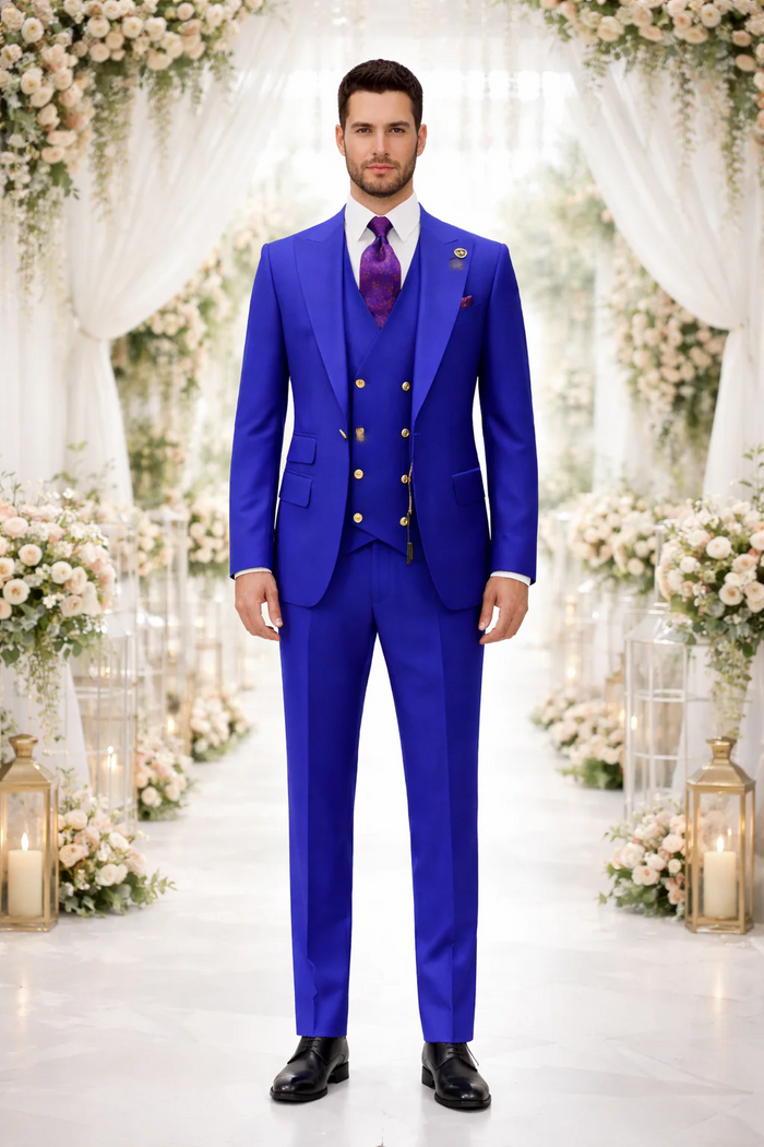 Rossiman Royal Blue Suit for Men | Classic 1-Button Peak Lapel Jacket & Double-Breasted Vest – Italian Tailored 3-Piece Luxury Suit