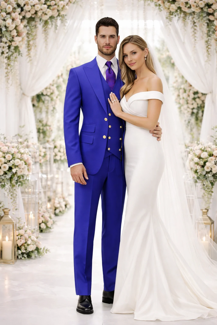 Rossiman Royal Blue Suit for Men | Classic 1-Button Peak Lapel Jacket & Double-Breasted Vest – Italian Tailored 3-Piece Luxury Suit