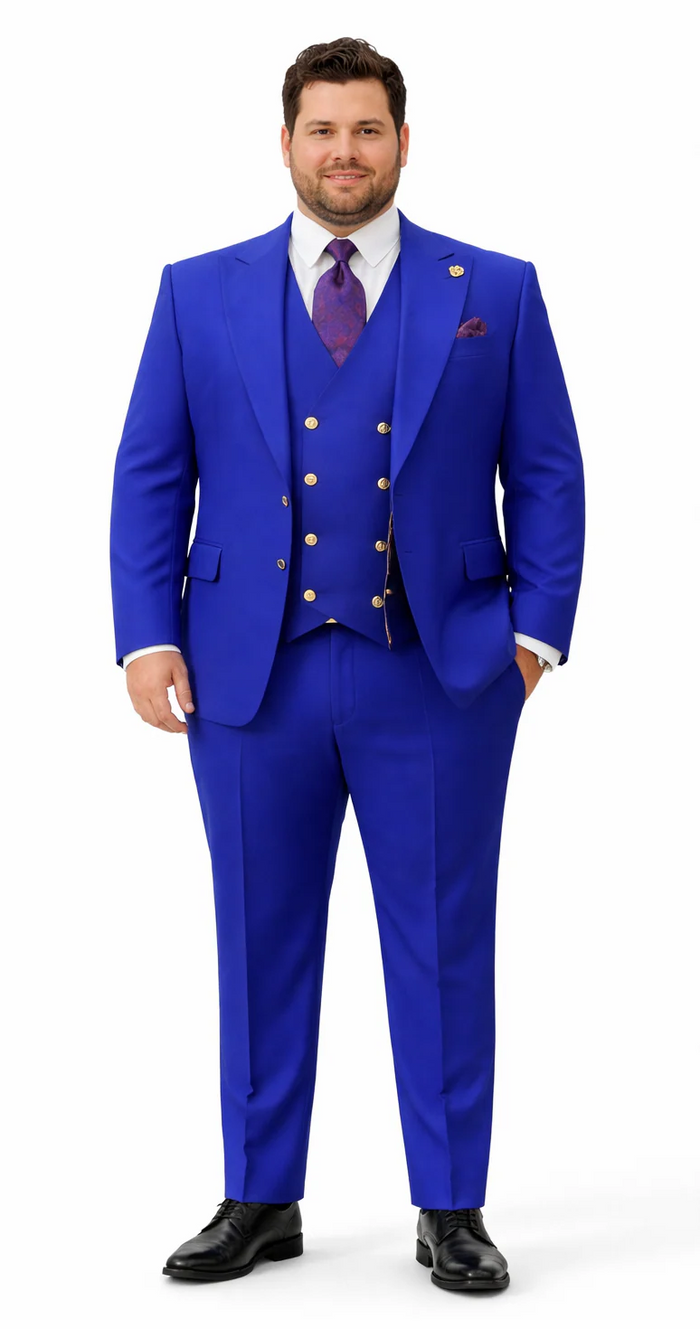 Rossiman Royal Blue Suit for Men | Classic 1-Button Peak Lapel Jacket & Double-Breasted Vest – Italian Tailored 3-Piece Luxury Suit