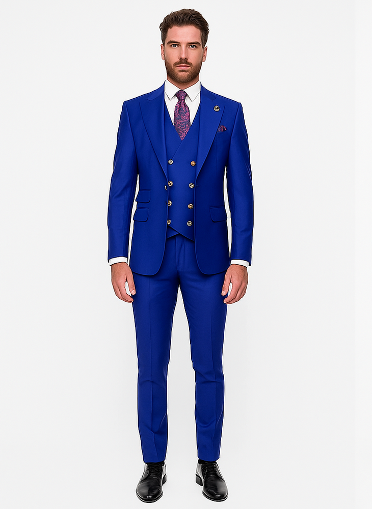 Rossiman Royal Blue Suit for Men | Classic 1-Button Peak Lapel Jacket & Double-Breasted Vest – Italian Tailored 3-Piece Luxury Suit