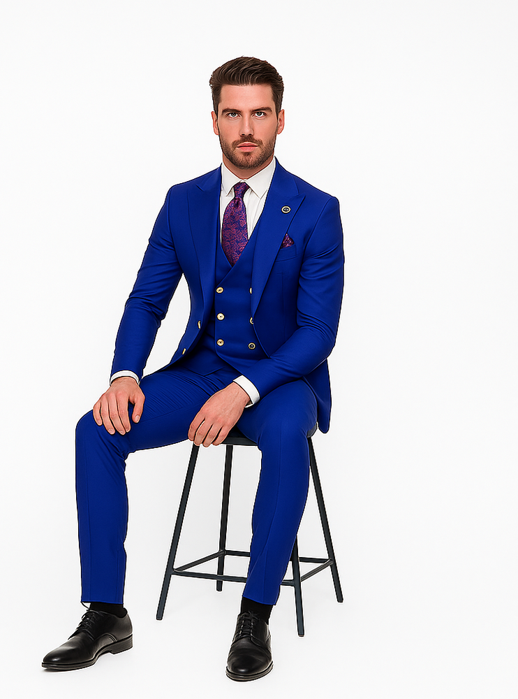 Rossiman Royal Blue Suit for Men | Classic 1-Button Peak Lapel Jacket & Double-Breasted Vest – Italian Tailored 3-Piece Luxury Suit