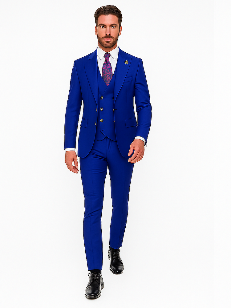 Rossiman Royal Blue Suit for Men | Classic 1-Button Peak Lapel Jacket & Double-Breasted Vest – Italian Tailored 3-Piece Luxury Suit