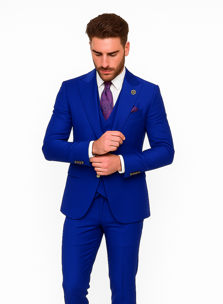Rossiman Royal Blue Suit for Men | Classic 1-Button Peak Lapel Jacket & Double-Breasted Vest – Italian Tailored 3-Piece Luxury Suit