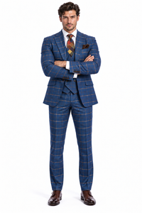 Rossiman Men’s Navy & Gray Plaid Double-Breasted Suit –  Two-Piece Formalwear