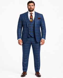 Rossiman Men’s Navy & Gray Plaid Double-Breasted Suit –  Two-Piece Formalwear