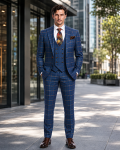 Rossiman Men’s Navy & Gray Plaid Double-Breasted Suit –  Two-Piece Formalwear