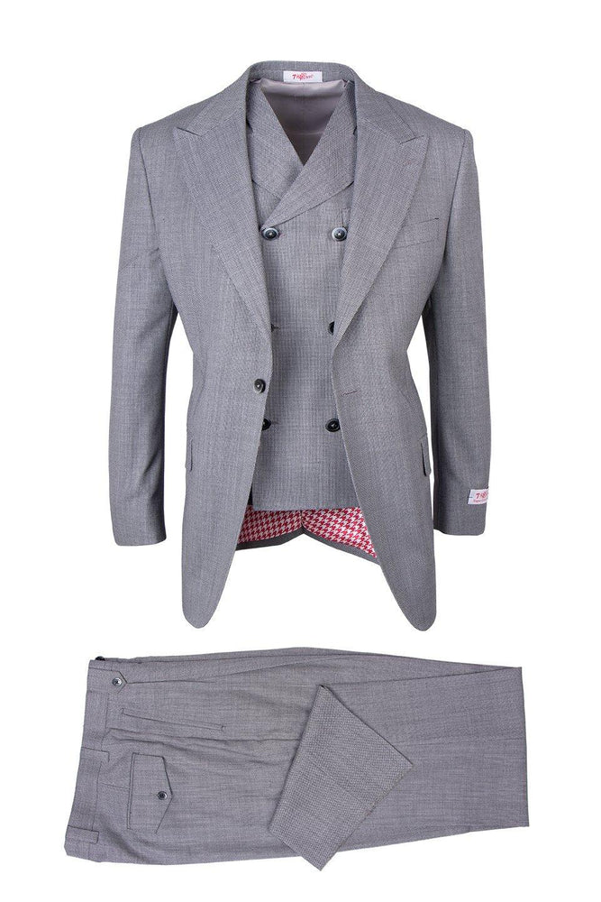 Tiglio Italian Suit - Real Wool Fabric Super 150's San Giovesse Light Gray Birdseye, Wide Leg Suit & Vest in Color Light Gray