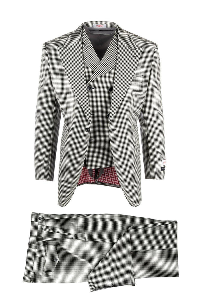 Tiglio Italian Suit - Real Wool Fabric Super 150's San Giovesse Black and White Check, Wide Leg Suit & Vest in Color Black and White