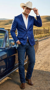 Men’s Shiny Royal Blue Cowboy Blazer – Western Style Satin Finish Blazer for Party, Country Events and Evening Wear