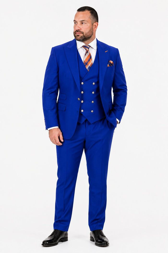 Men's Royal Blue Statement Ticket Pocket Peak Lapel Wool Double Breasted Vest Suit with Silver Buttons – Modern Fit