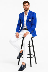 Royal Blue Pinstripe Blazer With White Pants - Suit Party Blazer