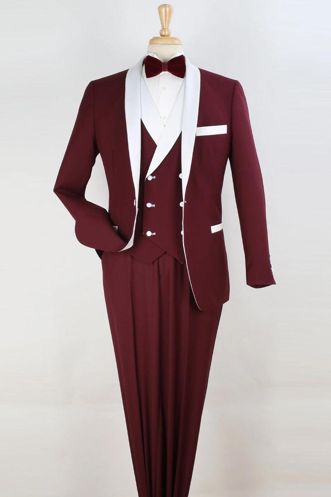 "Royal Diamond One-Button Tuxedo Shawl Vest - Double Breasted Burgundy & White" - USA Men's Outlet