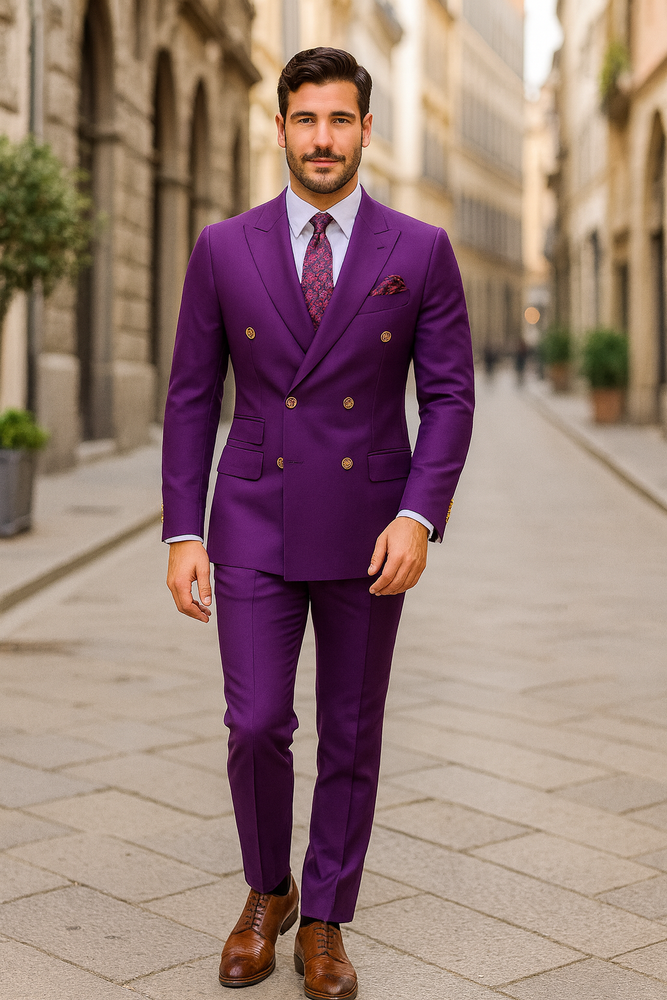 Mens Designer Modern Fit Double Breasted Wool Suit with Gold Buttons in Purple