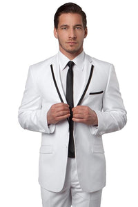 "White Slim Fit Men's Tuxedo Suit with Black Piping - Wedding & Prom"