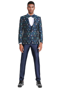 "Floral Print Men's Tuxedo with Satin Vest - Navy Blue Prom & Wedding Suit"