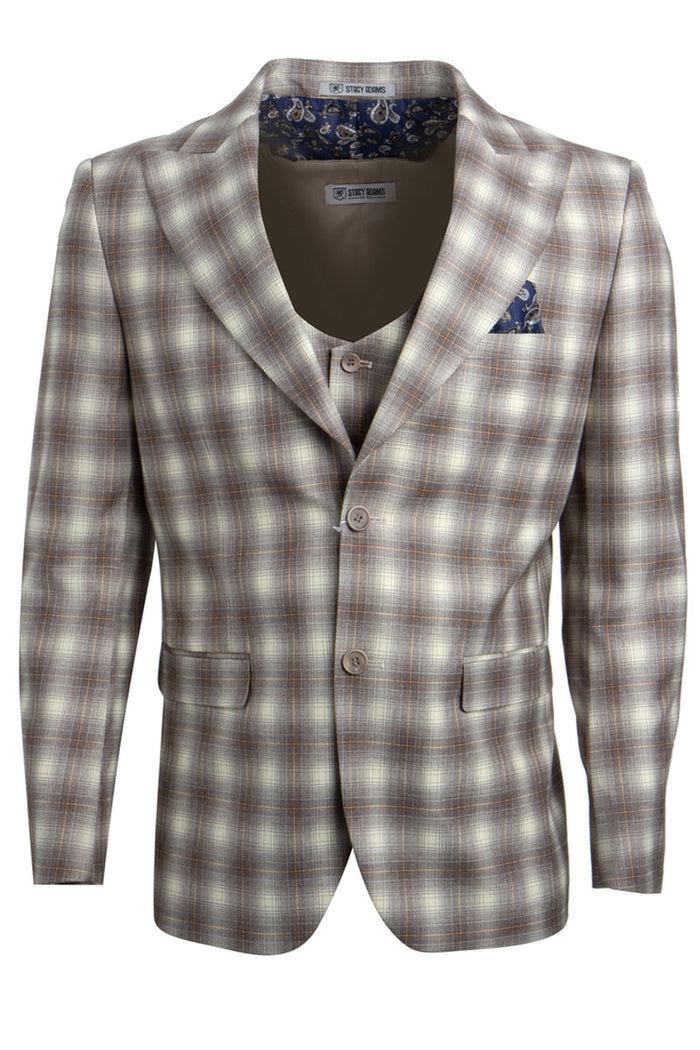 Revised Title: Stacy Adams Brown & Tan Plaid Vested Windowpane 2-Button Suit