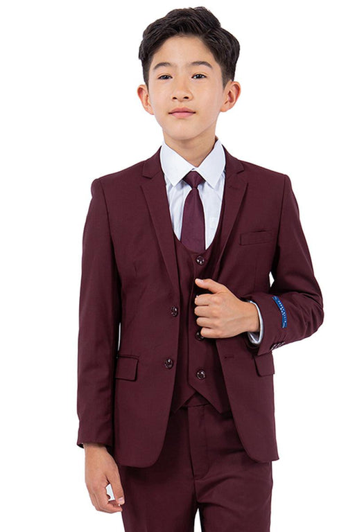 Sharp & Stylish Perry Ellis Burgundy Vested Boy's Wedding Suit - USA Men's Outlet