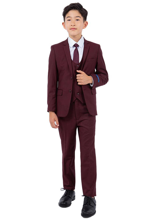 Sharp & Stylish Perry Ellis Burgundy Vested Boy's Wedding Suit - USA Men's Outlet