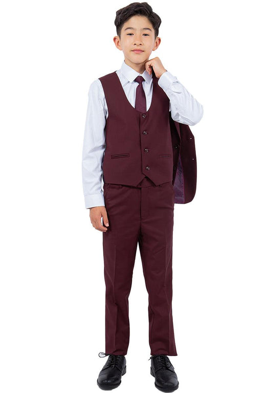 Sharp & Stylish Perry Ellis Burgundy Vested Boy's Wedding Suit - USA Men's Outlet