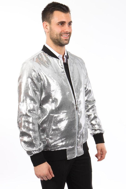 Sharp Silver Sequin Bomber by Tazio: Elevate Your Style. - USA Men's Outlet