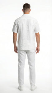 Mens White Embroidered Walking Suit Set – Short Sleeve Shirt and Pants Casual Summer Outfit for Vacation, Beach and Everyday Wear