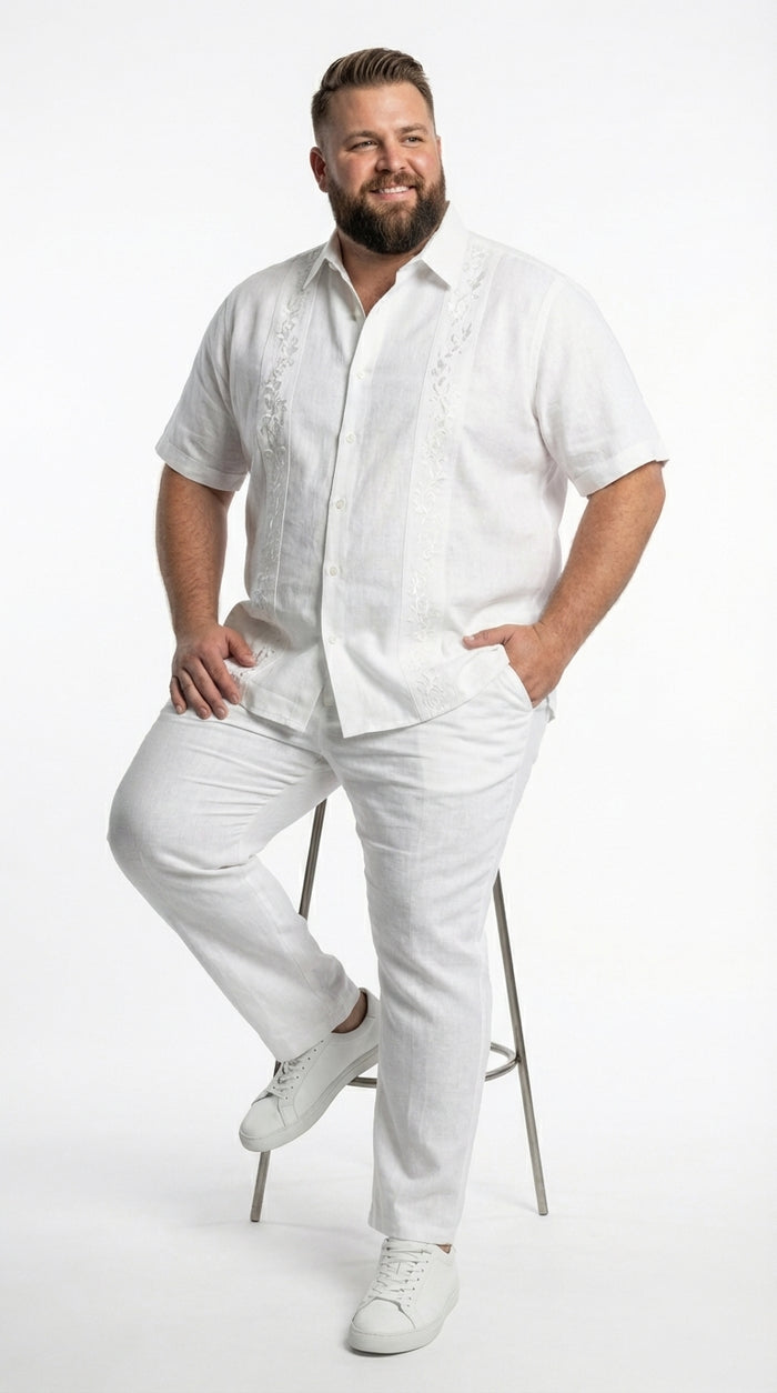 Mens White Embroidered Walking Suit Set – Short Sleeve Shirt and Pants Casual Summer Outfit for Vacation, Beach and Everyday Wear