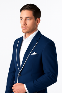 side pose of men's 1 button dark blue slim blazer by Tazio