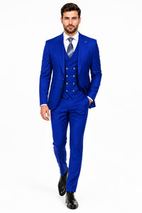 Men's Royal Blue Statement Ticket Pocket Peak Lapel Wool Double Breasted Vest Suit with Silver Buttons – Modern Fit