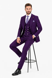 Men's Plum Statement Ticket Pocket Peak Lapel Wool Double Breasted Vest Suit with Silver Buttons – Modern Fit