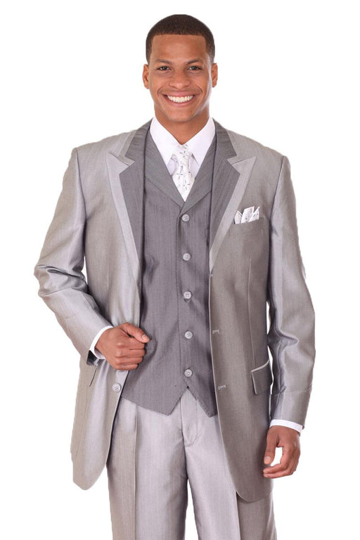 "Silver Grey Sharkskin 3-Btn Vested Suit by Fortino Landi" - USA Men's Outlet