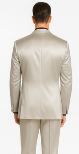 Men's Silver Satin Skinny Fit Tazzio 3 Piece Suit with Double Breasted Vest and Peak Lapel