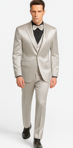 Men's Silver Satin Skinny Fit Tazzio 3 Piece Suit with Double Breasted Vest and Peak Lapel