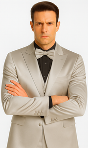 Men's Silver Satin Skinny Fit Tazzio 3 Piece Suit with Double Breasted Vest and Peak Lapel