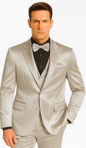 Men's Silver Satin Skinny Fit Tazzio 3 Piece Suit with Double Breasted Vest and Peak Lapel