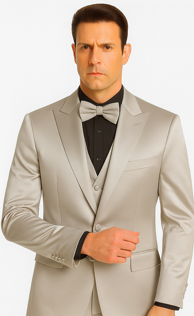 Men's Silver Satin Skinny Fit Tazzio 3 Piece Suit with Double Breasted Vest and Peak Lapel