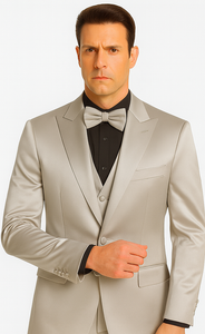 Men's Silver Satin Skinny Fit Tazzio 3 Piece Suit with Double Breasted Vest and Peak Lapel