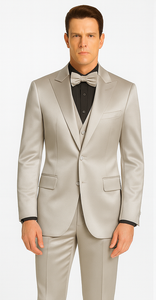 Men's Silver Satin Skinny Fit Tazzio 3 Piece Suit with Double Breasted Vest and Peak Lapel