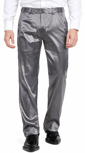 Mens Shiny Stretch Pants Solid Color Slim Fit Sateen Flashy Metallic Slacks in Color "Grey"