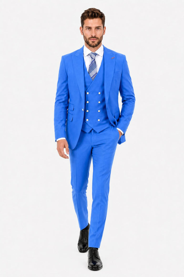Men's Sky Blue Statement Ticket Pocket Peak Lapel Wool Double Breasted Vest Suit with Silver Buttons – Modern Fit