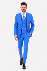 Men's Sky Blue Statement Ticket Pocket Peak Lapel Wool Double Breasted Vest Suit with Silver Buttons – Modern Fit