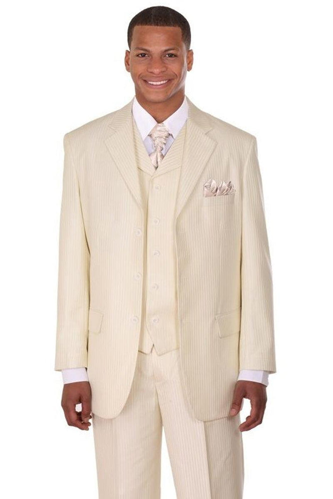 Sleek Ivory Cream Sharkskin Narrow Pinstripe Vested Suit - Fortino Landi - USA Men's Outlet