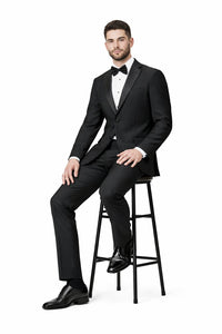 Tiglio Mens Slim Fit Black Wool Tuxedo – Satin Peak Lapel Formal Dinner Suit