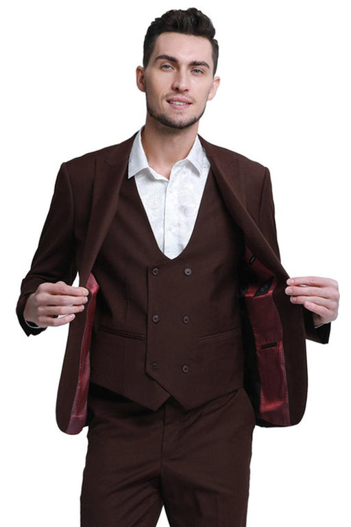 Slim-Fit Brown Tazio Men's Suit w/ Peak Lapel & Double Breasted Vest - USA Men's Outlet