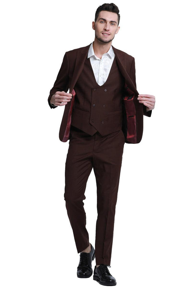 Slim-Fit Brown Tazio Men's Suit w/ Peak Lapel & Double Breasted Vest - USA Men's Outlet