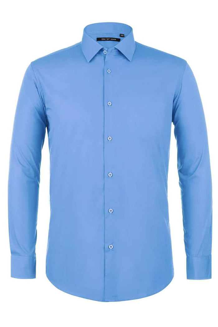 "Slim Fit Light Blue Dress Shirt by Verno: Spread Collar Chic" - Elegant Mensattire